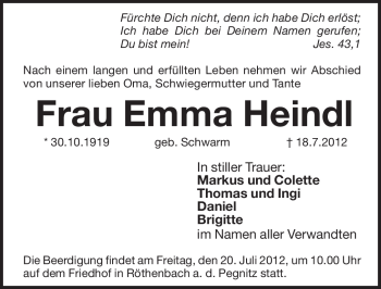 Traueranzeige von Emma Heindl von Pegnitz-Zeitung